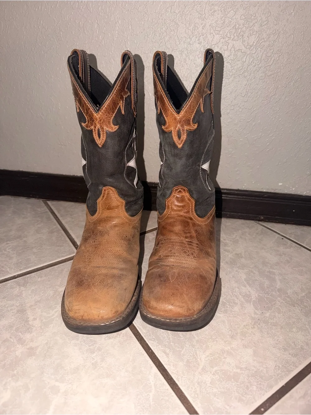 Roper Youth Boys Tan/Navy Leather Monterey Star Cowboy Boots US Size 4